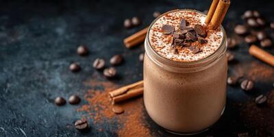 Delicious chocolate and cinnamon coffee drink served in a jar with whipped cream on top photo