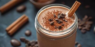 Creamy chocolate drink topped with cinnamon and chocolate chunks in a glass jar photo