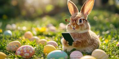 Cute bunny wearing glasses checks smartphone surrounded by colorful Easter eggs in sunny garden photo
