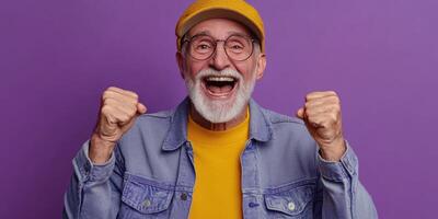 Elderly man expressing joy with raised fists against a purple background celebrating a moment of happiness photo