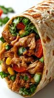 Flavorful chicken wrap with fresh vegetables and ingredients prepared in a bright kitchen photo