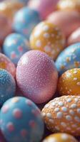 Brightly decorated Easter eggs in pastel colors arranged together for spring celebration photo