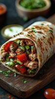 Flavorful wrap filled with tender meat, fresh vegetables, and aromatic herbs served on a rustic wooden board photo