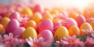 Colorful Easter eggs surrounded by vibrant flowers in a festive spring setting photo