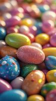 Colorful decorative eggs scattered on a vibrant surface during a spring celebration event photo
