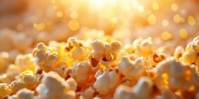 Freshly popped popcorn glistens in warm sunlight creating a cozy atmosphere for movie nights and gatherings photo