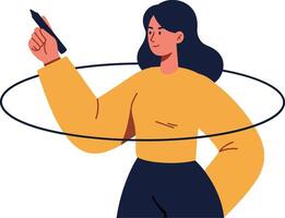 A confident woman in a yellow sweater creating art with a marker in a flat illustration style, showcasing creativity and expression in an engaging manner art vector