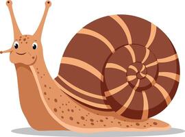 Friendly snail character with a large spiral shell in flat, colorful design style illustration vector