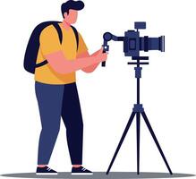 A man adjusting a camera on a tripod while wearing a backpack in a vibrant, minimalistic style of art vector
