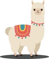 Adorable white llama with colorful saddle design in flat art style standing gracefully on a simple background showcasing charm and playfulness in a whimsical scene illustration vector