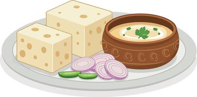 Freshly prepared plate of tofu cubes, sliced onions, and a bowl of creamy sauce in a minimal illustration vector