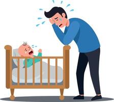 A distressed father standing beside a crib with a crying baby in a flat, colorful illustration depicting the challenges of parenthood and emotional connection in a home setting. vector