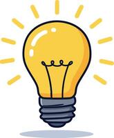 Bright yellow light bulb glowing with rays of energy in a flat design style, symbolizing creativity and inspiration, art vector