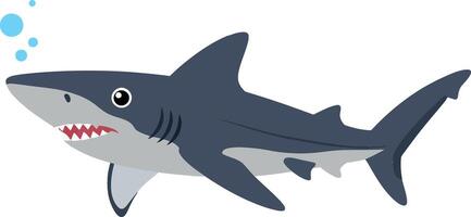 A cartoon shark swimming gracefully in the ocean, showcasing a flat design style with vibrant colors and playful expression, illustration vector