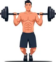 Strong man lifting heavy barbell in a flat design style showcasing athleticism and determination in art vector