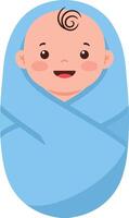Cute smiling baby wrapped in a soft blue blanket, showcasing flat design style in cheerful art vector
