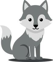 Cute sitting grey wolf character in a flat design style showcasing playful expression and friendly demeanor in art vector