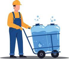 Worker transporting large water bottles using a hand truck in a flat illustration with vibrant colors and a cheerful atmosphere vector