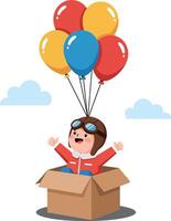 A cheerful child wearing aviator goggles joyfully rises in a cardboard box, holding colorful balloons in a playful and imaginative flat illustration vector