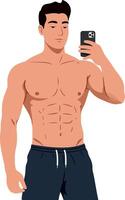 A muscular man taking a selfie with a smartphone while wearing casual shorts in a light and minimal flat illustration vector