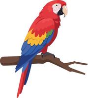 Colorful scarlet macaw perched on a branch in a flat design style showcasing vibrant feathers and playful expression, perfect for nature-themed art vector