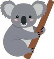 A cute koala bear character climbing a tree branch in a flat design style, showcasing playful expression and vibrant colors in art vector