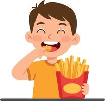 A cheerful boy enjoying crispy French fries and a snack while smiling brightly in a flat art style vector