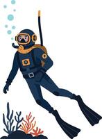 A diver exploring vibrant coral reefs in a serene underwater environment, featuring a flat design style in colorful art vector
