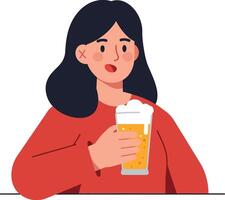 A woman enjoying a cold beer in a casual setting with a vibrant red sweater in flat art vector