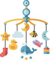 Colorful mobile with cheerful animals and shapes in flat design hanging above a crib in a serene nursery setting illustration vector