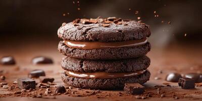 Delicious chocolate cookies stacked with creamy filling and chocolate shavings on a brown wooden table photo