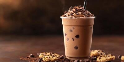 Creamy chocolate beverage topped with cookie pieces and chocolate chips in a cozy cafe setting photo
