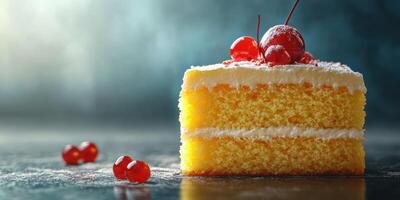 Delicious yellow cake topped with cherries served on a dark reflective surface in a rustic kitchen setting photo