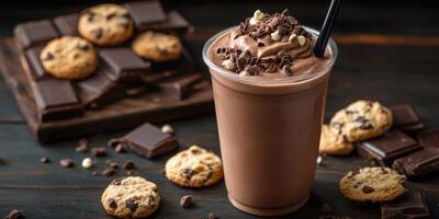 Delicious chocolate milkshake topped with chocolate chips beside fresh chocolate chip cookies on a wooden table photo