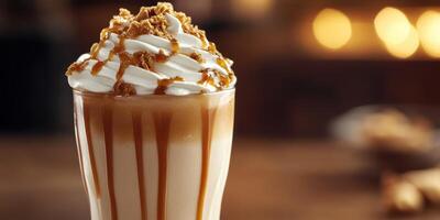Creamy caramel latte topped with whipped cream and crushed cookies served in a tall glass photo