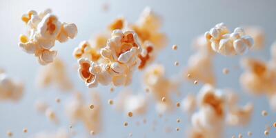Popcorn kernels burst into the air in a delightful display during a fun movie night at home photo