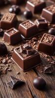 Rich assortment of dark chocolate pieces arranged on rustic wooden table with chocolate shavings and round truffles photo