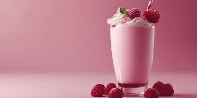 Refreshing raspberry milkshake served in a clear glass with whipped cream and mint on a pink background photo