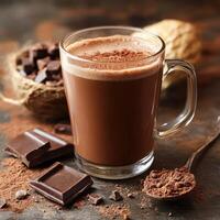 Delicious homemade hot chocolate with chocolate pieces and cocoa powder on a rustic table photo