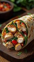 Grilled chicken wrap with fresh vegetables served on a wooden board in a cozy setting during lunchtime photo
