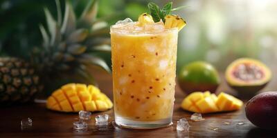 Refreshing tropical drink with pineapple and mango presented beautifully on a wooden table surrounded by fresh fruits photo