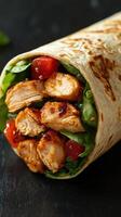 Delicious grilled chicken wrap with fresh vegetables served on a black stone background photo