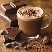 Delicious hot chocolate served in a clear mug with chocolate shavings and dark chocolate pieces on a rustic wooden table photo