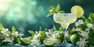 Refreshing margarita cocktail garnished with lime and surrounded by fresh flowers and limes in a garden setting photo
