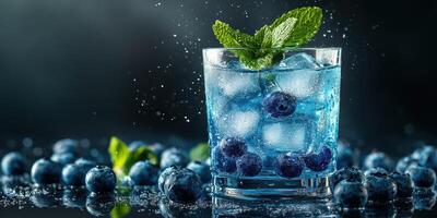 Refreshing blueberry cocktail with ice and mint leaves served in a glass photo