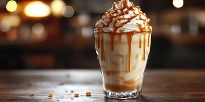 Creamy dessert drink topped with whipped cream and caramel sauce in a cozy cafe setting photo