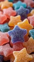 Colorful gummy candies in star shapes arranged in a vibrant display, showcasing a variety of flavors and colors photo