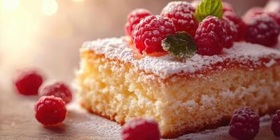 Delicious dessert featuring a moist cake topped with fresh raspberries and mint garnish in a warm setting photo