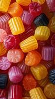 Colorful assortment of fruit-flavored candies arranged in a vibrant pattern on a flat surface photo