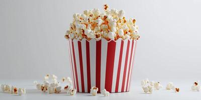 Freshly popped popcorn in a striped container on a neutral background with scattered kernels photo